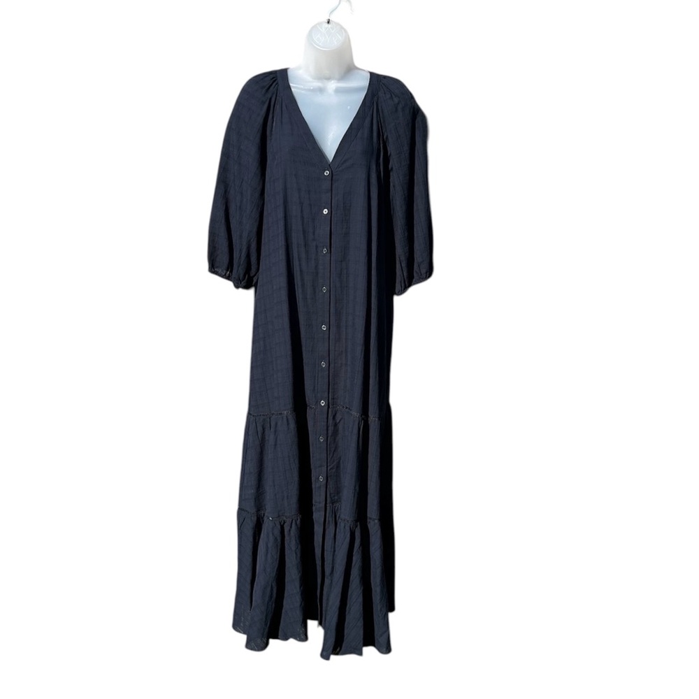 MADEWELL Women 8 Navy Blue Tie-Waist Tiered Windowpane Cotton Button Midi Dress